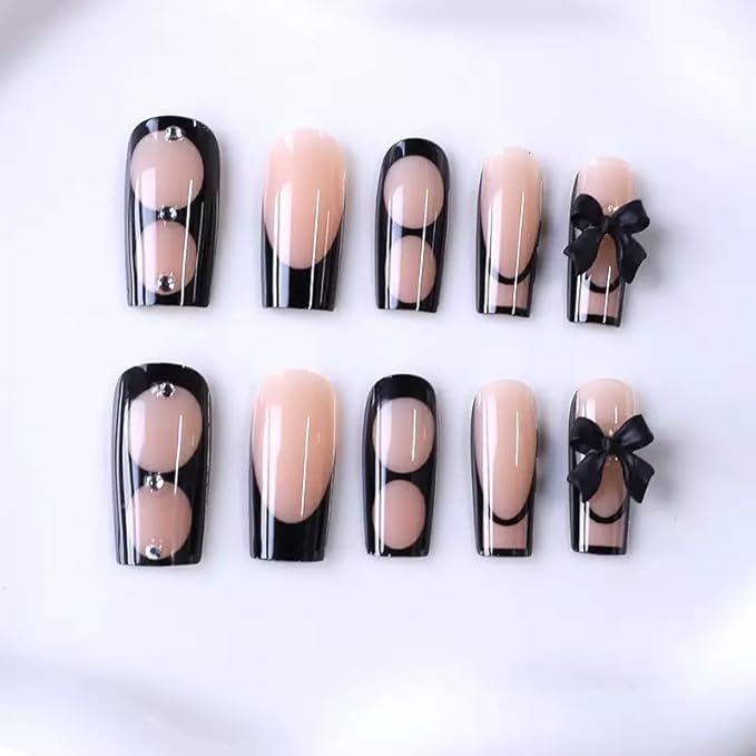 CTTHNBD Press on Nails Square - Black French Tip Fake Nails with Bow Rhinestone Design - Glossy Medium False Nails Press Ons- for Women Manicure 24 Pcs