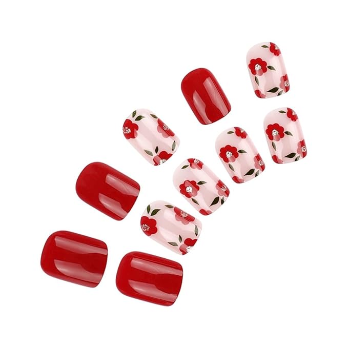 Short Press on Nails Square - Red Fake Nails with Cute Flower Design - Solid Color Full Cover Glossy Stick on Nails for Women - 24 Pcs