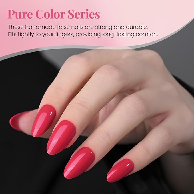 evpct Glossy Press on Nails Short Almond Short for Women, Red Fake Nail with Kits Salon Quality Reusable Stick on Nails In 15 Sizes 30Pcs Full Cover False Nail Soft Gel Set Kit for Gift, 21