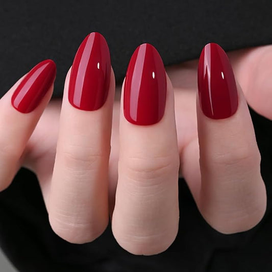 evpct Glossy Press on Nails Short Almond Short for Women, Dark Red Fake Nail with Kits Salon Quality Reusable Stick on Nails In 15 Sizes 30Pcs Full Cover False Nail Soft Gel Set Kit for Gift, 27