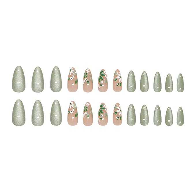 JONKASIPA 24 Pcs Almond Shape Press-On Nails Spring Cute Acrylic Nails, Artificial Gloss Full Coverage Light Green Fake Nails for Women and Girls Nail Decoration