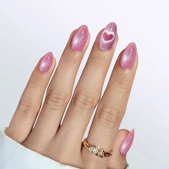 RPNZL Press On Nails - Love Beam | Heart Cat Eye, UV Finish Almond Nails, Salon Quality | 32 Nails, 16 Sizes Kit with Glue and Adhesive Tabs I Female Founded - Beauty, Self Care