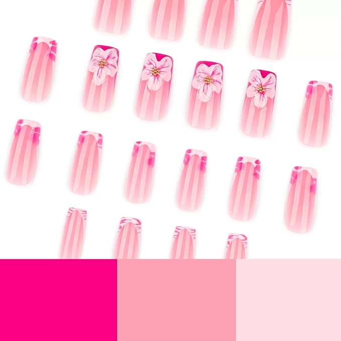 Medium Square Press on Nails - French Tip Fake Nails with 3D Flower Design - Pink False Nails Press ons - for Women 24 Pcs