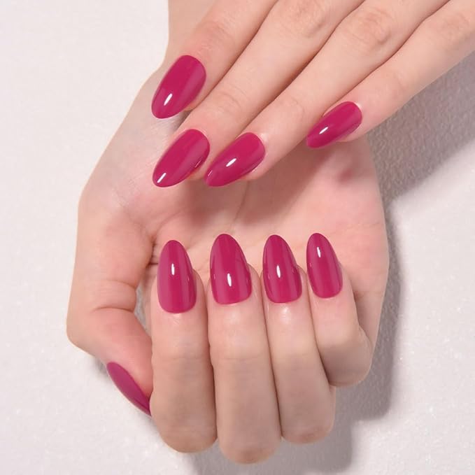 evpct Rose Red Glossy Press on Nails Short Almond, Glossy Fake Nail Stick on Nail for Women Gift with Kit, Salon Quality Soft Gel Stick on Acrylic False Nails Reusable Full Cover for Women Manicure