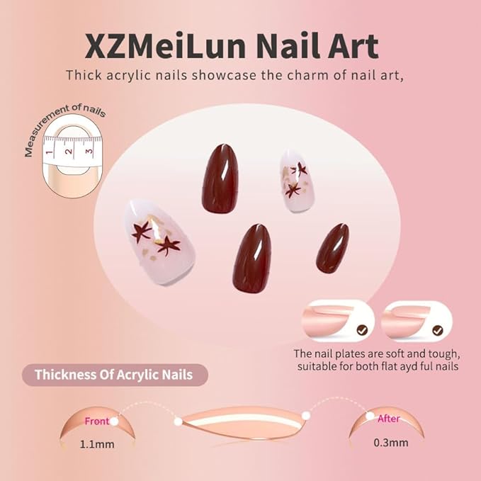 XZMeiLun Fall Brown Press on Nails Short Almond,Maple Leaf Glossy Design Acrylic Fake Nails with Full Cover Stick on Nails,Reusable Glue-On Stickers for Autumn Fashion False Nails for Women Gift