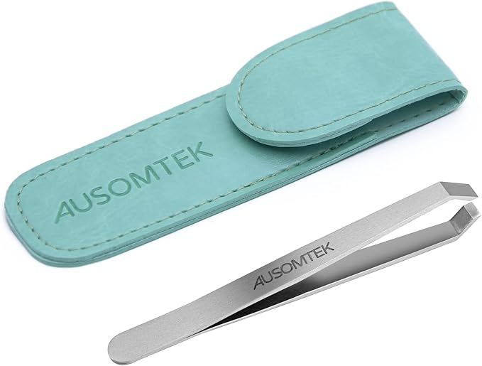 AUSOMTEK Beard Tweezers, White Hair Plucking, Fine Hair Removal, Eyebrows Shaping Tool, 5mm Tip, Stainless Steel, Cyan PU Case 1Pack