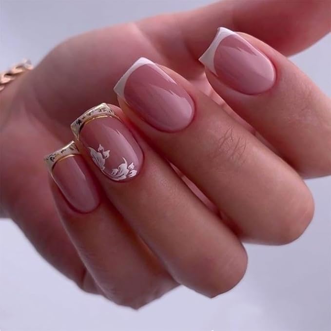 XZMeiLun French Tip Press On Nails Spring Summer Acrylic Nails for Women - White Flower Designer Fake Nails Short Square 24Pcs, Outing/Party Reusable Glue On Stick On Nail Gift For Women