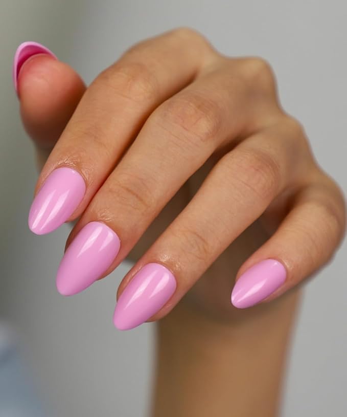 Pink Press On Nails Short 16 Sizes 32pcs Almond Fake Nails Glossy, Nail Glue Included