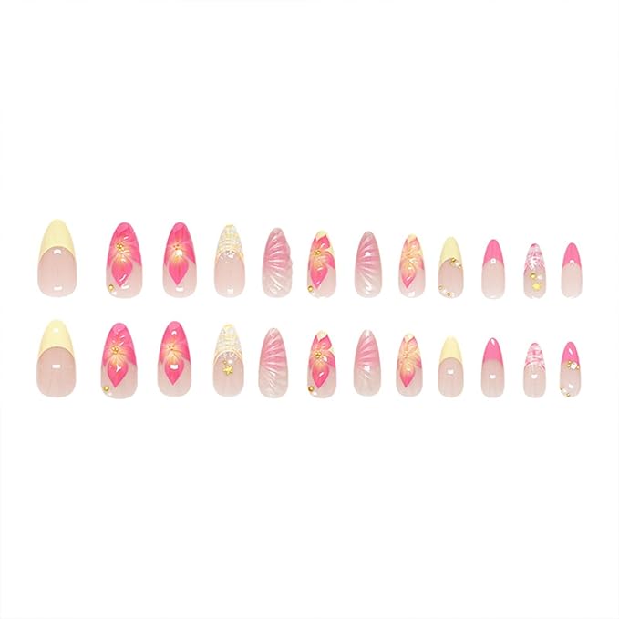 JONKASIPA 24 Pcs Medium Pressed Gel Nails Oval French Artificial Nails Pink Hawaiian Floral Acrylic Nails Full Coverage Women's Manicure Set With Gold Pearls