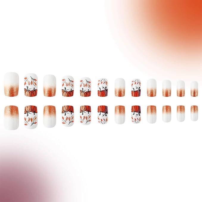 XZMeiLun Halloween Press On Nails Short Square, Orange Fall Acrylic Press On Nails, Pumpkin Designer Reusable Fake Nails, Glue On Nail Press Ons for Hallows' Day Women