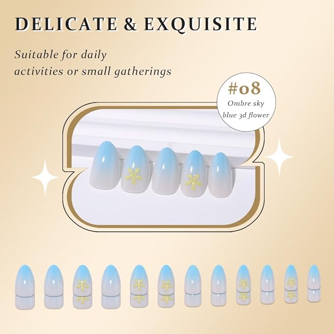 evpct Ombre Sky Blue Glossy Press on Nails Short Almond, Sky Blue Fake Nails Reusable 3D Flower Design, Acrylic False Nail Stick on Press ons for Women Gifts, Ombre False Nail Kit with Kits 24Pcs