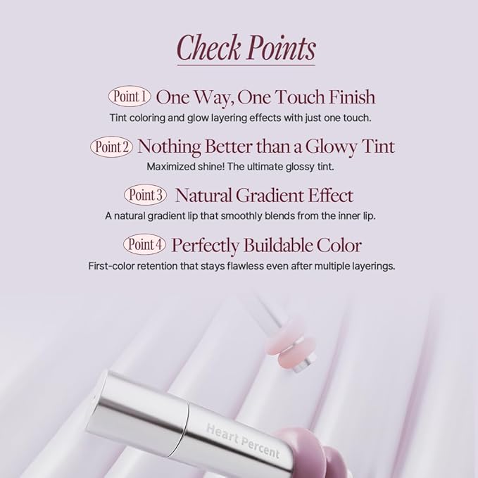 Heart Percent Dote On Mood One Way Glowy Tint, Glass-like High Shine Glossy Finish w/Long-Lasting Luminous Color Lip Stain for Glowy Look, #01. Bare Nude