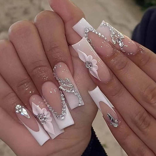 RikView French Tip Nails Square Press on Nails Long Fake Nails with 3D Flowers White Nails Glossy Stick on Nails 24 PCS