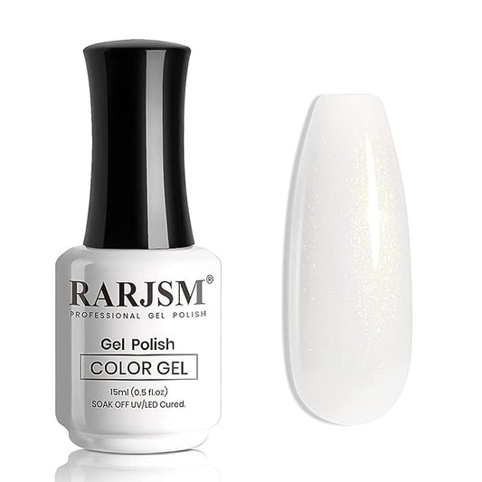 RARJSM Milky White Gel Nail Polish with Glitter Gold Shimmer Pigment Jelly Cream White Nude Gel Polish Neutral Color 15ml Sparkle Natural Color Soak off UV LED Cured for Home Salon DIY Nail Art
