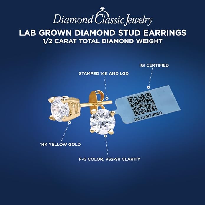 Certified Lab Grown Diamond Stud Earrings 1/2 cttw (F-G Color, VS2-SI1 Clarity) 14kt Yellow Gold