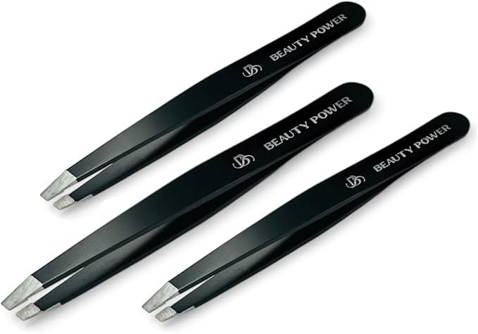 Beauty Power Ultra-Precision Professional Slant Tweezers for Women Facial Hair - German Stainless Steel, Lightweight Black Tweezers for Women & Men, Ideal for Eyebrow & Facial Grooming (3 Matte Black)