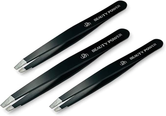 Beauty Power Ultra-Precision Professional Slant Tweezers for Women Facial Hair - German Stainless Steel, Lightweight Black Tweezers for Women & Men, Ideal for Eyebrow & Facial Grooming (3 Matte Black)