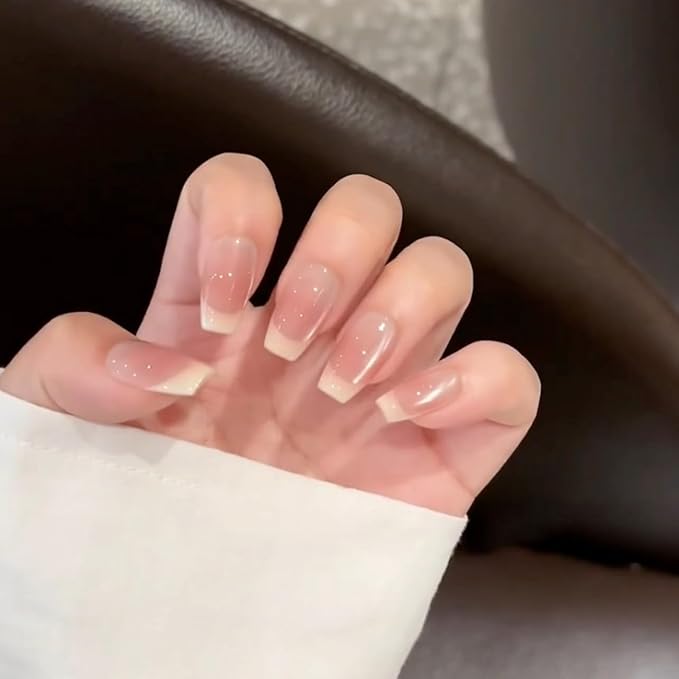 XZMeiLun Press On Nails Short Square, French Tip Chrome Acrylic Press On Nails Short Coffin, Designer Reusable Glazed Fake Nails, Glossy Soft Gel Nails Wedding, Stick Glue On Nail Press Ons for Women