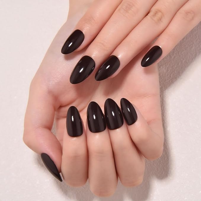 evpct Coffee Glossy Press on Nails Short Almond, Glossy Fake Nail Stick on Nail for Women Gift with Kit, Salon Quality Soft Gel Stick on Acrylic False Nails Reusable Full Cover for Women Manicure