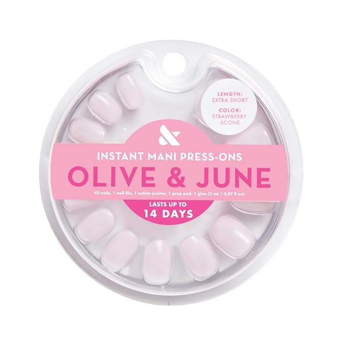 Olive & June Instant Mani Press-On Nails | (Glue) Extra Short, Round 42 Fake Nails, 21 Sizes | Non-Toxic, Long-Lasting Recycled Materials Realistic Look | Salon-Quality at Home | Strawberry Scone