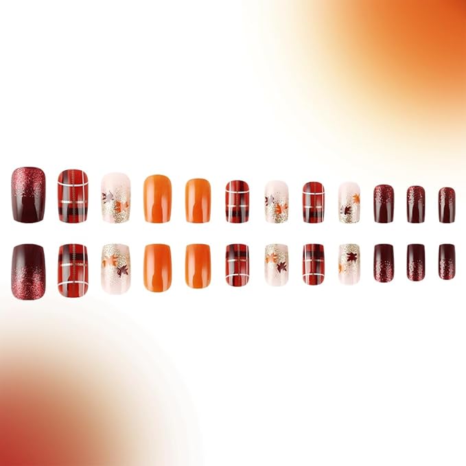 XZMeiLun Fall Press On Nails Medium Square, Autumn Orange Wine Acrylic Press On Nails, Lattice Maple Leaf Glitter Designer Reusable Fake Nails, Glue On Nail Press Ons for Hallows' Day Women