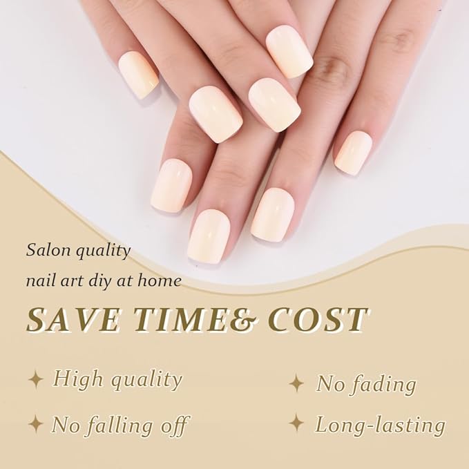 evpct Acrylic Beige Glossy Press on Nails Short Square, Glossy Beige Fake Nails Reusable False Nail Stick on Press ons for Women Gifts, Perfectly Fit Durable False Nail Kit with Gel Gel 30Pcs