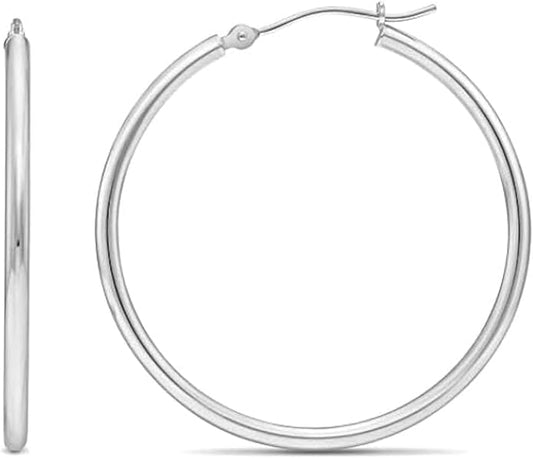 Classic 10K White Gold Hoop Earrings - Shiny Polished Plain Round Gold Hoops for Women and Men