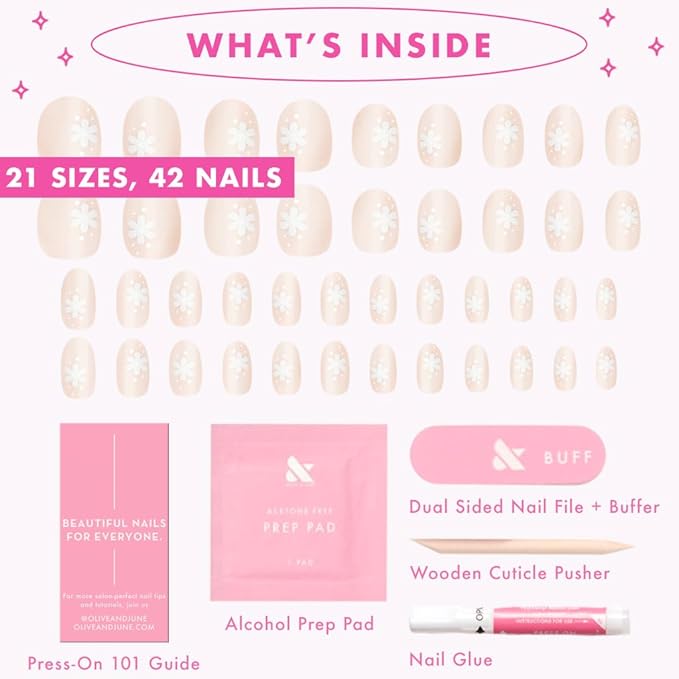 Olive & June Instant Mani Press-On Nails | (Glue) Short, Round 42 Fake Nails, 21 Sizes | Non-Toxic, Long-Lasting Recycled Materials Realistic Look | Salon-Quality at Home | Daisy Dance