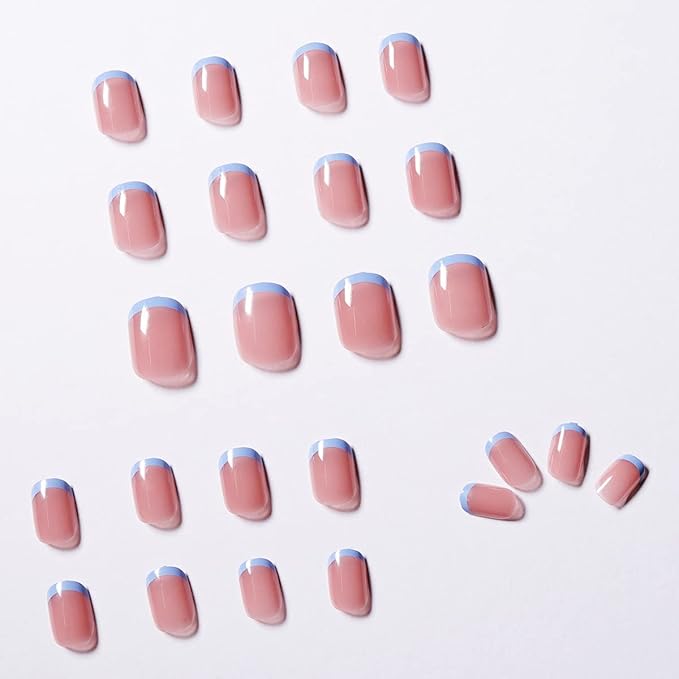 XZMeiLun Blue French Tips Press On Nails Extra Short Square, Blue French Tip Sticke On Nails, Designer Reusable Acrylic Nails Press Ons, Fake Nails With Glue On Nails, Daily Wea False Nails For Women