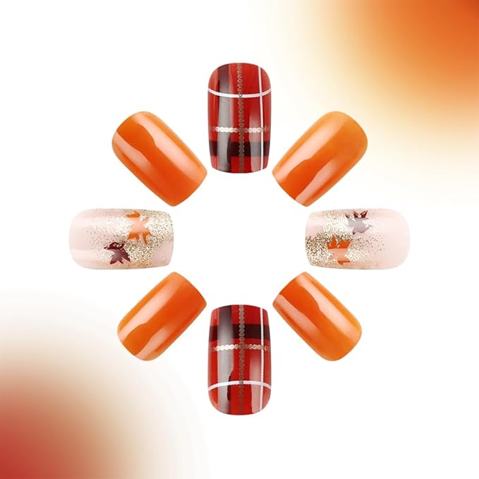 XZMeiLun Fall Press On Nails Medium Square, Autumn Orange Wine Acrylic Press On Nails, Lattice Maple Leaf Glitter Designer Reusable Fake Nails, Glue On Nail Press Ons for Hallows' Day Women