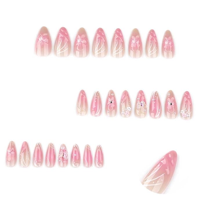 Foccna Almond Press on Nails -Soft Gel Medium Pink Fake Nails French Glossy Butterfly Artificial Nails 3D Flower Design Nails Clear,24pcs