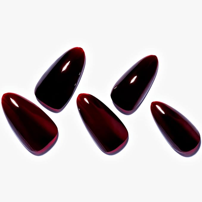 GLAMERMAID Dark Red Press on Nails Medium Almond, Handmade Jelly Soft Gel Deep Red Glue on Nails Stiletto, Burgundy Gothic Fake Nails Set, Reusable Acrylic Stick on False Nails Manicure Kit for Women