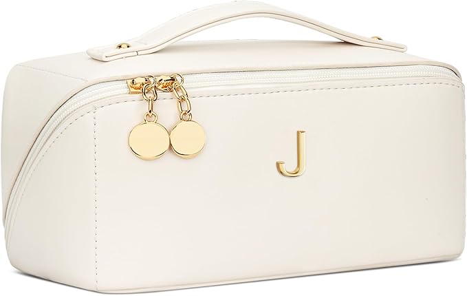 Gifts for Women Bridesmaid Gifts Personalized Initial Makeup Bag PU Leather Cosmetic Waterproof Travel Toiletry Bag (Large)