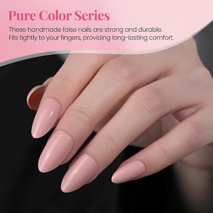 evpct Glossy Press on Nails Short Almond Short for Women, Nuetral Pink Fake Nail with Kits Salon Quality Reusable Stick on Nails In 15 Sizes 30Pcs Full Cover False Nail Soft Gel Set Kit for Gift, 11