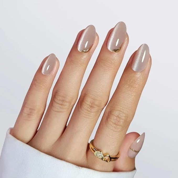 RPNZL Press On Nails - Glow | Champagne Cat Eye 3D Gold Design, UV Finish Almond Nails, Salon Quality | 32 Nails, 16 Sizes Kit with Glue and Adhesive Tabs I Female Founded - Beauty, Self Care