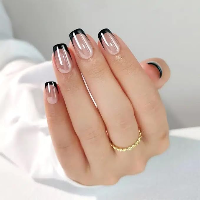 RPNZL Press On Nails - Midnight | Chrome Black French Tip, UV Finish Short Squoval Nails, Reusable, Salon Quality | 32 Nails, 16 Sizes Kit with Glue and Adhesive Tabs
