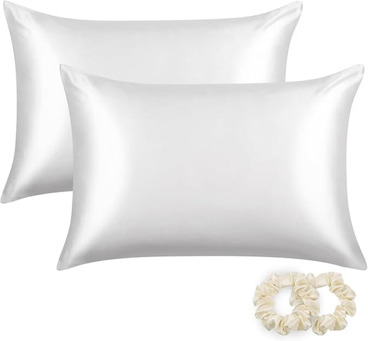 ALASKA BEAR Silk Pillowcase for Hair and Skin, Set of 2 Pure Genuine 22 Momme Mulberry Silk Pillow Cases Standard Size for Bliss Sleep Better Than Poly Satin, Zipper Closure(2pc, Cool White)