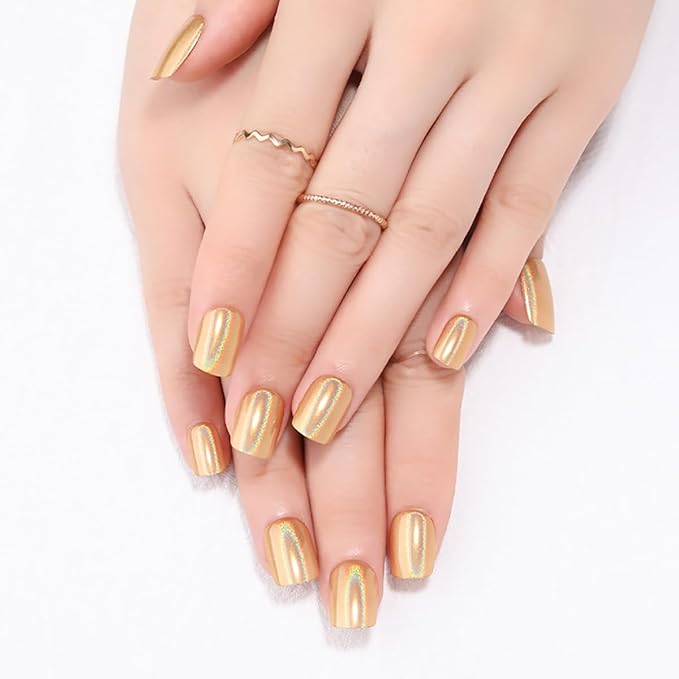 XZMeiLun 24Pcs Gold Holographic Acrylic Press on Nails Short Square - Reusable Fake Nails with Nail Glue Kit, Long Lasting Chameleon Static Nails for Women Daily Wear & Parties (Glossy Laser Design)