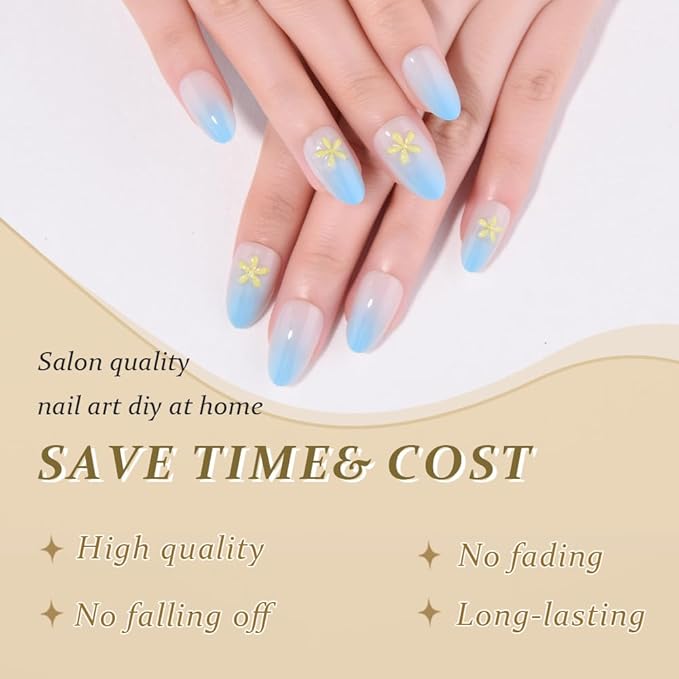 evpct Ombre Sky Blue Glossy Press on Nails Short Almond, Sky Blue Fake Nails Reusable 3D Flower Design, Acrylic False Nail Stick on Press ons for Women Gifts, Ombre False Nail Kit with Kits 24Pcs