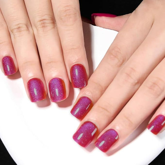 Blue Red Cat Eye Extra Short Press on Nails Square, Petite Short Square Stick on Nails for Women Gift, Purple Red Metallic Glitter Glossy Reusable Soft Gel Press on Acrylic Fake Nail with Designs