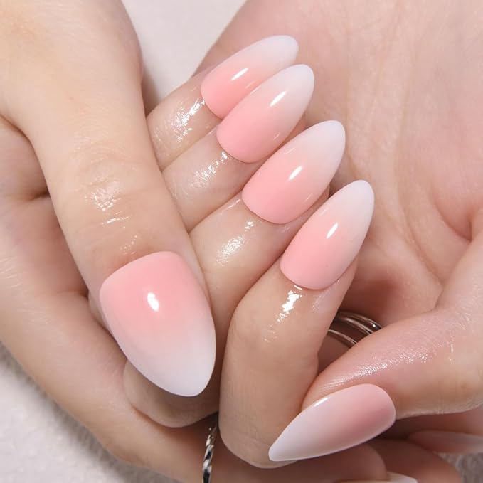 evpct Ombre Pink to Nude Press on Nails Short Almond, Short Almond Glossy Stick on Nails for Women Gift with Manicure Kit, Reusable Soft Gel Stick on Fake Nail with Ombre Designs Perfectly Fit