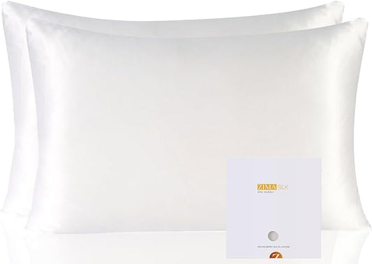 ZIMASILK 100% Pure Mulberry Silk Pillowcase 2 Pack, Soft and Smooth,Both Sides Premium Grade 6A Silk,600 Thread Count,with Hidden Zipper (Queen 20''x30'',White)