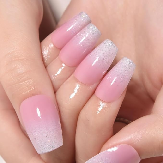 evpct Ombre Gold to Pink Press on Nails Short Coffin, Short Coffin Glossy Stick on Nails for Women Gift with Manicure Kit, Reusable Soft Gel Stick on Fake Nail with Ombre Designs Perfectly Fit