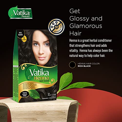 Vatika Naturals Permanent Hair Dye Rich Black – Ammonia-Free With Natural Henna, Grey Coverage, Nourishing Herbal Blend, Long-Lasting Hair Color for Soft, Shiny Results – 6 Sachets X 10g