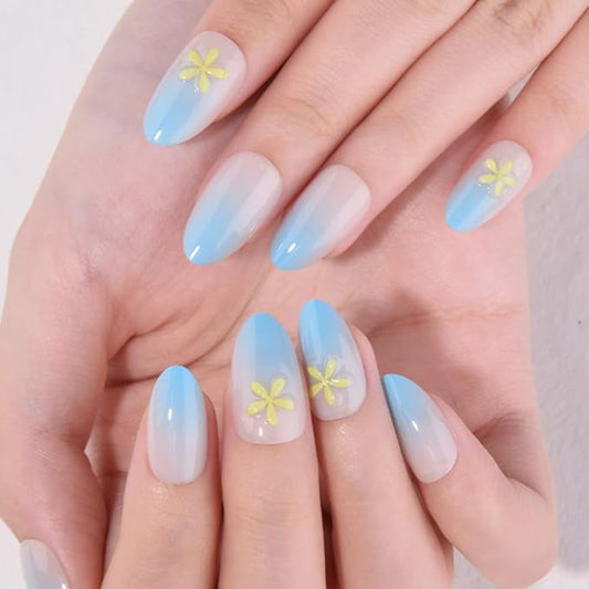 evpct Ombre Sky Blue Glossy Press on Nails Short Almond, Sky Blue Fake Nails Reusable 3D Flower Design, Acrylic False Nail Stick on Press ons for Women Gifts, Ombre False Nail Kit with Kits 24Pcs