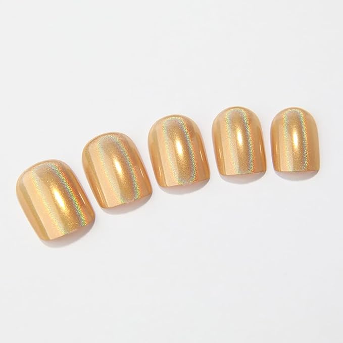 XZMeiLun 24Pcs Gold Holographic Acrylic Press on Nails Short Square - Reusable Fake Nails with Nail Glue Kit, Long Lasting Chameleon Static Nails for Women Daily Wear & Parties (Glossy Laser Design)
