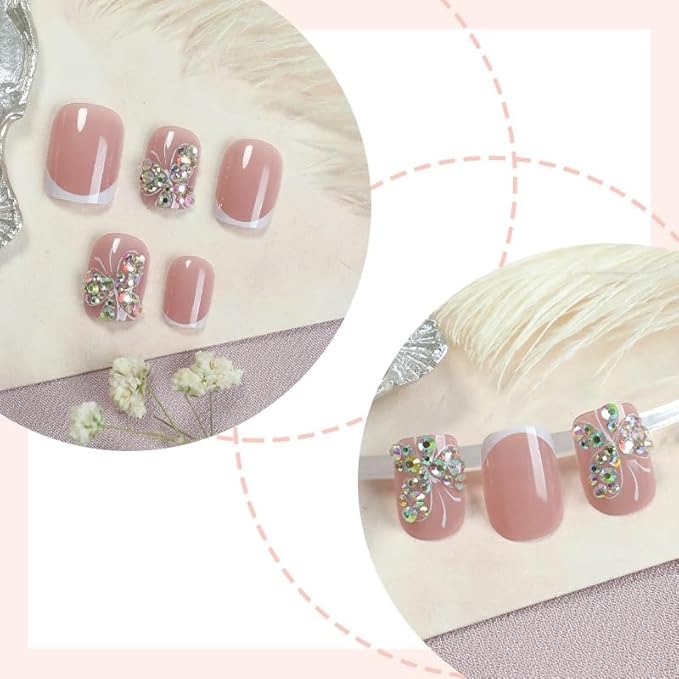 White French Tip Press on Nails - Short Square Fake Nails with Butterfly Design - Rhiestone Full Cover Stick on False Nails - for Women 24 Pcs
