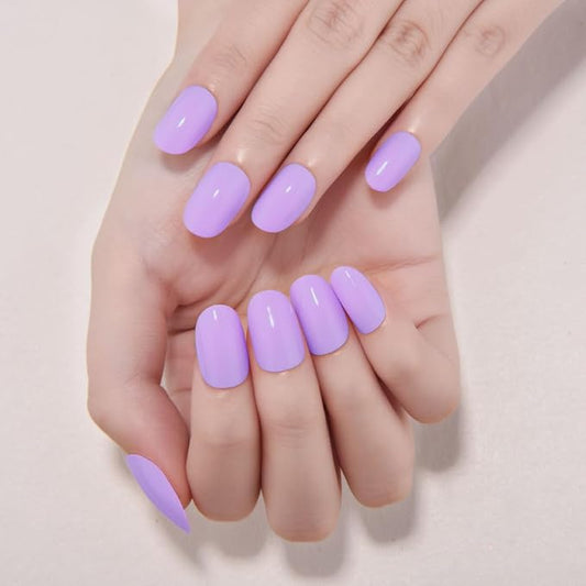 evpct Lavender Purple Medium Oval Glossy Press on Nails for Women Gift, Glossy Purple Fake Nail with Kits Manicure Kit, Soft Gel Full Cover Reusable Stick on Soft Acrylic False Nails Perfectly Fit