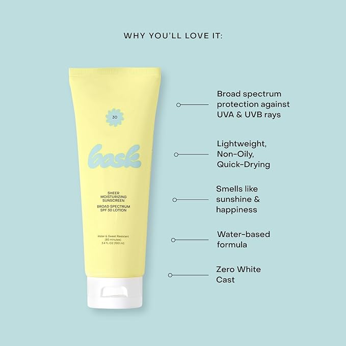 Bask Suncare SPF 30 Sheer Moisturizing Sunscreen Lotion - Broad Spectrum UVA/UVB Protection, Dermatologist Recommended, Hydrating, Lightweight & Non-Greasy, Travel Size (Value Pack of 3)