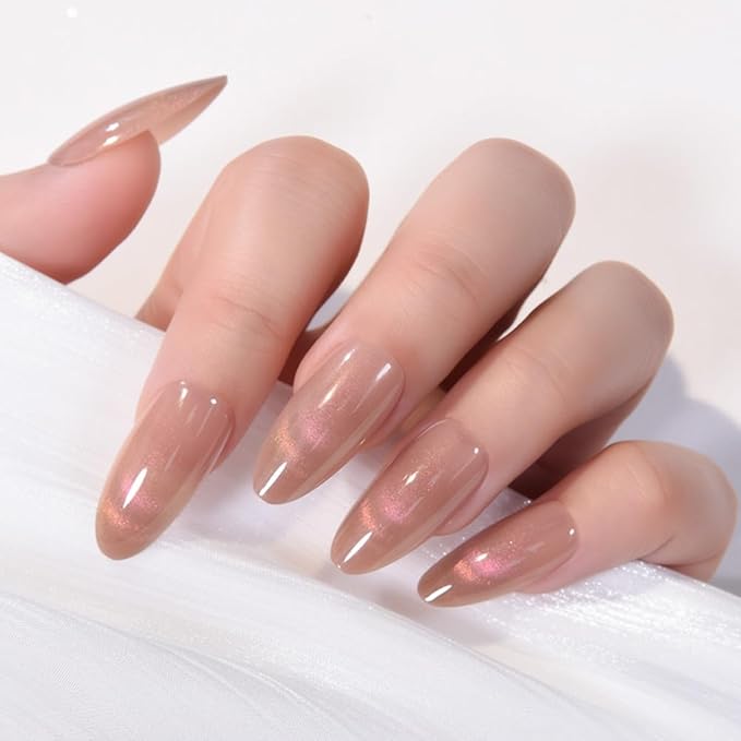 evpct Nude Brown Cat Eye Press on Nails Almond Medium, Medium Almond Stick on Nails for Women Gift, Iridescent Pink Smile Curve Metallic Glitter Reusable Gel Press on Acrylic Fake Nail with Designs